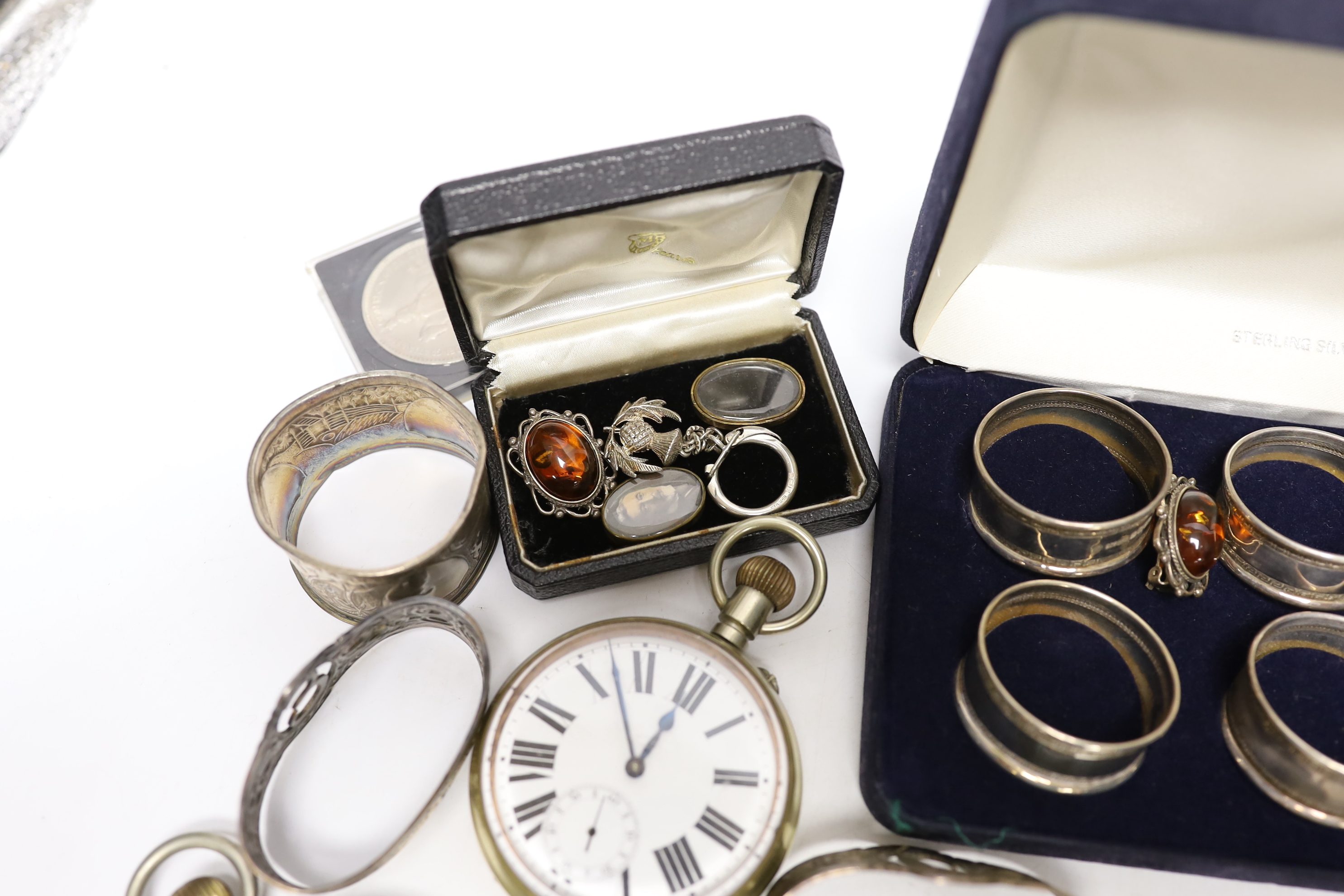 Sundry, silver, plated items, jewellery, commemorative coins and pocket watches including napkin rings, ashtray, necklace etc.